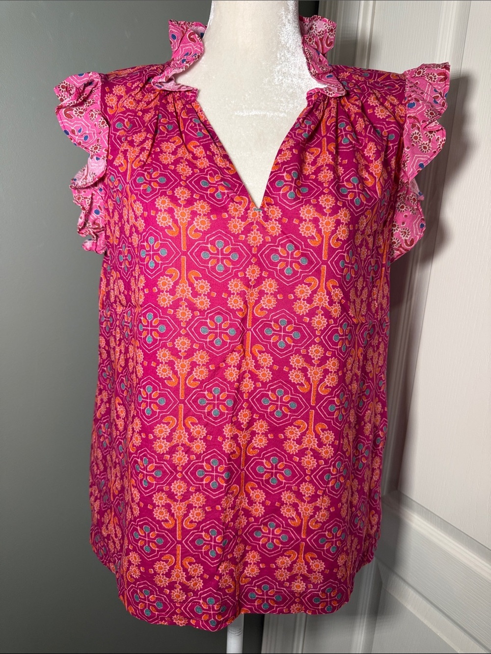 Sundance 100% Cotton Ruffle Sleeve Boho Blouse Pink Print Small
